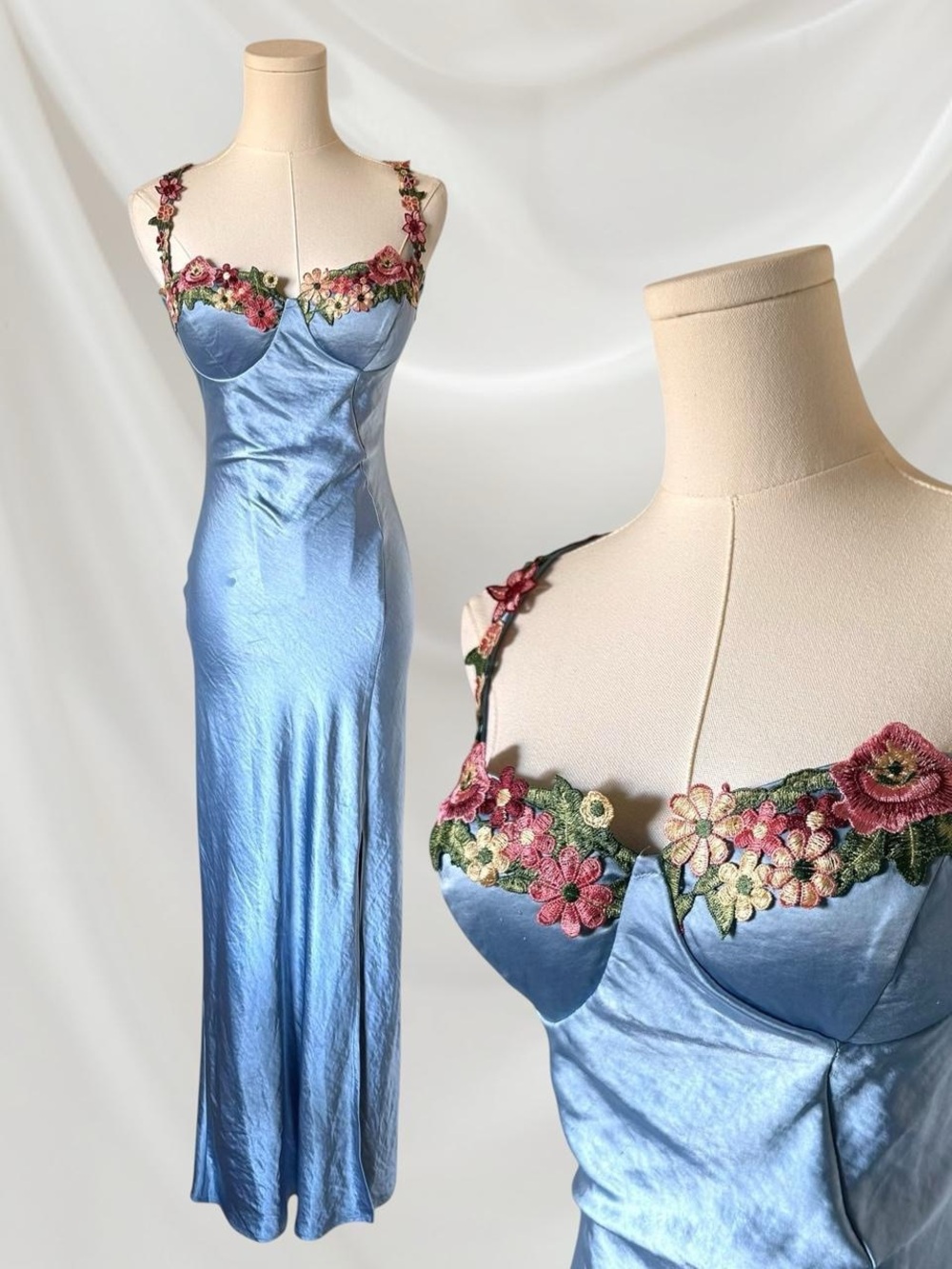 Floral Trim Satin Slip Dress in Light Blue - Picture 3 of 10